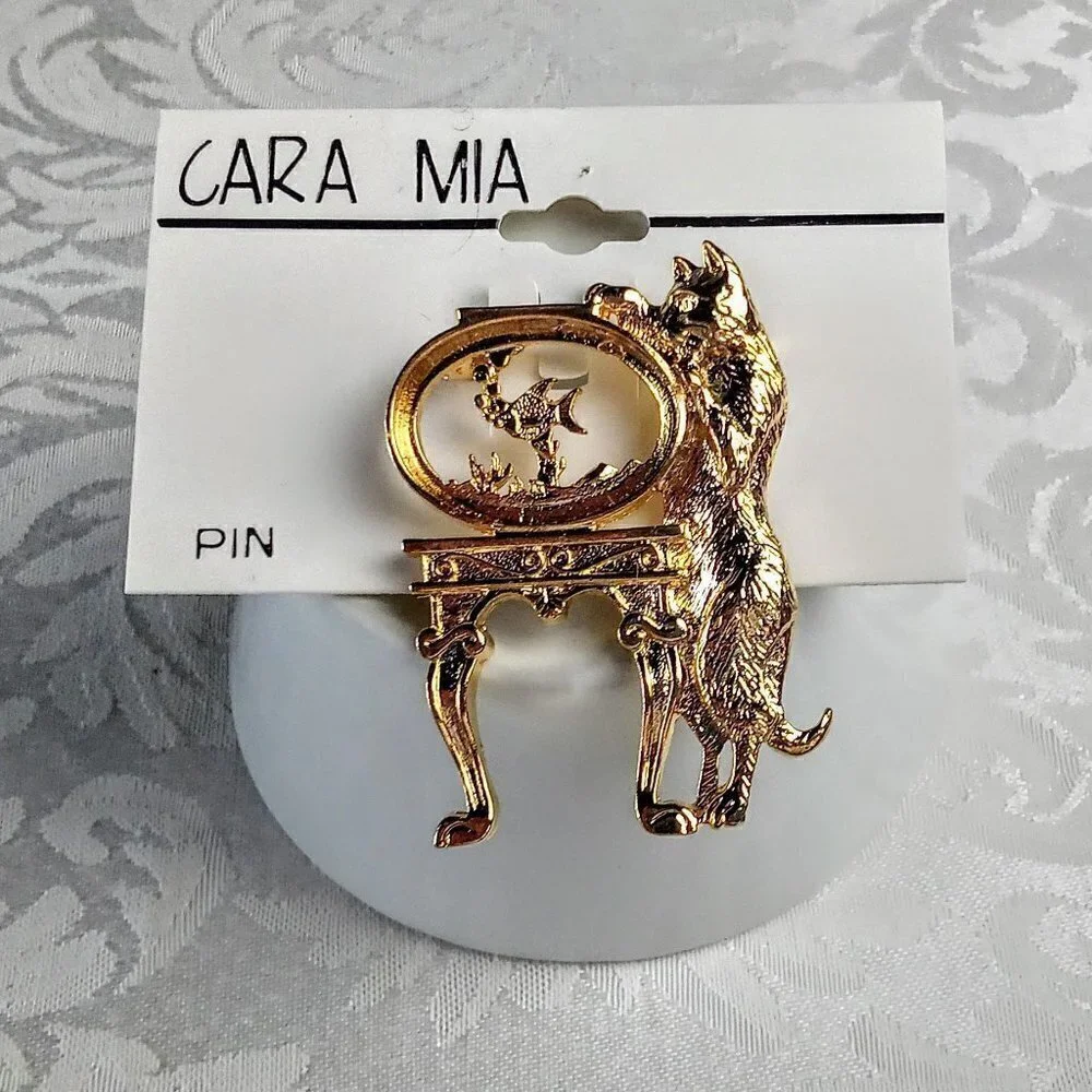 Vintage Cara Mia Cat & Fish Bowl Gold Pin